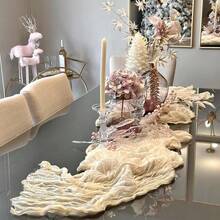 1pc/6pcs 35*71/118/157 Inch Beige Cheesecloth Table Runner And Napkins, Wavy Edge Transparent Country Style Table Runner. Suitable For Wedding Decor Arch, Garden Arch, Bridal Shower, Wedding, Holiday, Valentine's Day, Vacation, Birthday Party - Beige - View 7