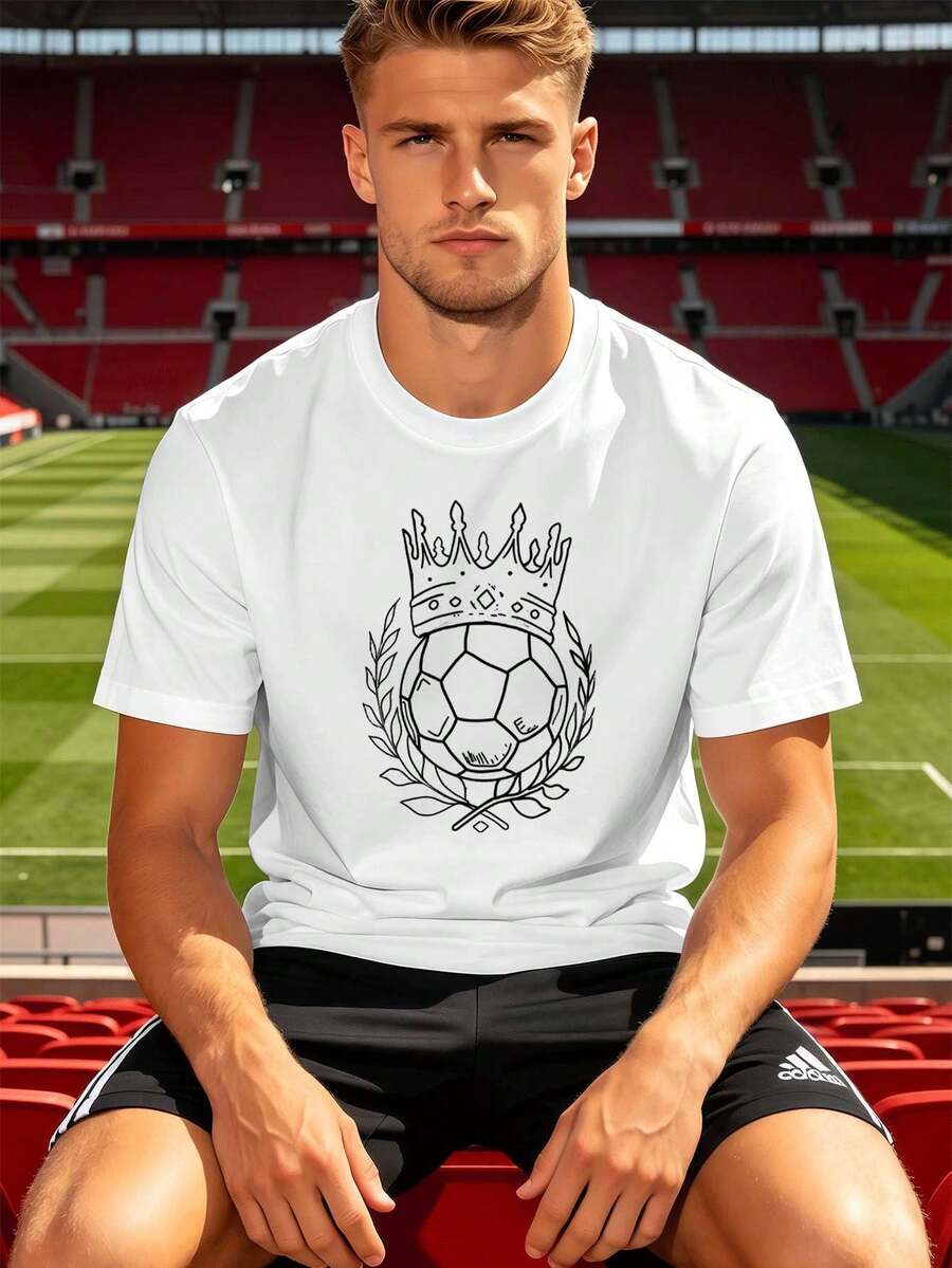Camiseta de hombre con estampado gráfico de corona de fútbol, primavera, algodón suave, corte relajado, transpirable, estilo hip-hop urbano, estampado llamativo. - Blanco - Ver 1