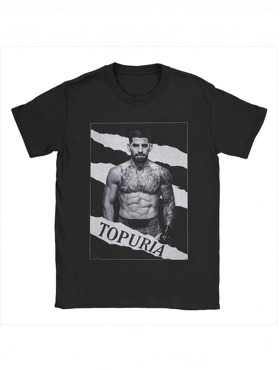 Men's Ilia Topurias T-Shirt - Black, TOPURIA Graphic Print T-Shirt, Hip Hop Streetwear Style, Short Sleeve, Machine Washable, Crew Neck, Suitable For Gym, Casual Use - 黑色 - 查看 1
