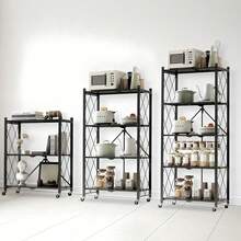 1pc 4-Tier Foldable Metal Storage Shelf With Lockable Wheels, Kitchen Storage Rack，No Assembly Rolling Organizer Rack, Sturdy\durable, Heavy Duty Display Shelving Unit For Kitchen Living Room Bedroom Bathroom Balcony, Nordic Minimalist Storage Rack - 查看 10