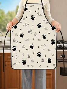 1pc Cream Base Black Hand-Drawn Random Sized Dog Paw Print Mountain Pine Tree Cloud Print Apron Outdoor Nature Style Halter Neck Sleeveless Black Trim Design Unisex Home Anti-Stain Protective Apron Suitable For Kitchen Cooking Baking Grilling Housework Cleaning And More - Multicolor 1 - View 5