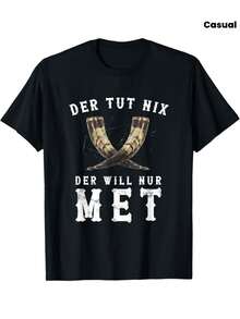 Men's Viking T Shirt,Printed With German Text And Nordic Design Patterns--Viking Axe And Helmet Pattern,German Phrases("Der Tut Nix Der Will"),Collar Design. - 黑色 - 查看 1