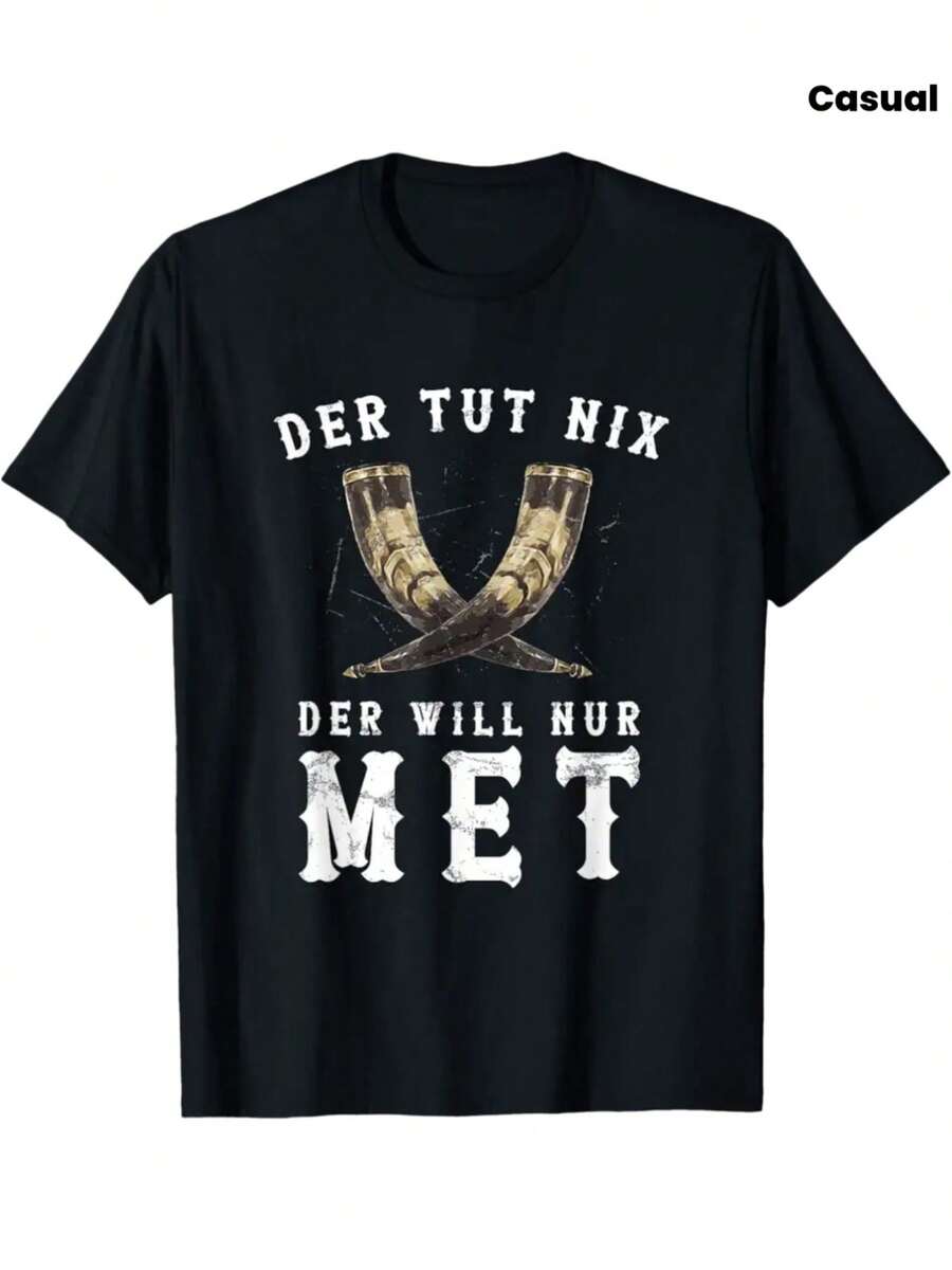 Men's Viking T Shirt,Printed With German Text And Nordic Design Patterns--Viking Axe And Helmet Pattern,German Phrases("Der Tut Nix Der Will"),Collar Design. - 黑色 - 查看 1