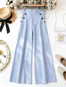 Plus Size Women's Elegant Striped Wide Leg Pants, High Waist Straight Leg Loose Casual Long Pants - Blue - View 4