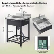 Freestanding Stainless Steel Sink For Outdoor Use, 60x60cm, With Tap And Drain, Including Shelf, Spacious Single-Basin Design, Suitable For Kitchen, Garden, Workshop And Commercial Use - 黑色 - 查看 8