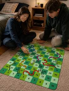 1件綠色格紋蛇梯棋遊戲墊，趣味聚酯纖維長方形地板遊戲布，印有數字方格與彩色蛇梯圖案，適合家庭聚會、遊戲之夜、課堂活動、生日派對、團體遊戲以及男孩女孩骰子遊戲 - 彩色 - 查看 1