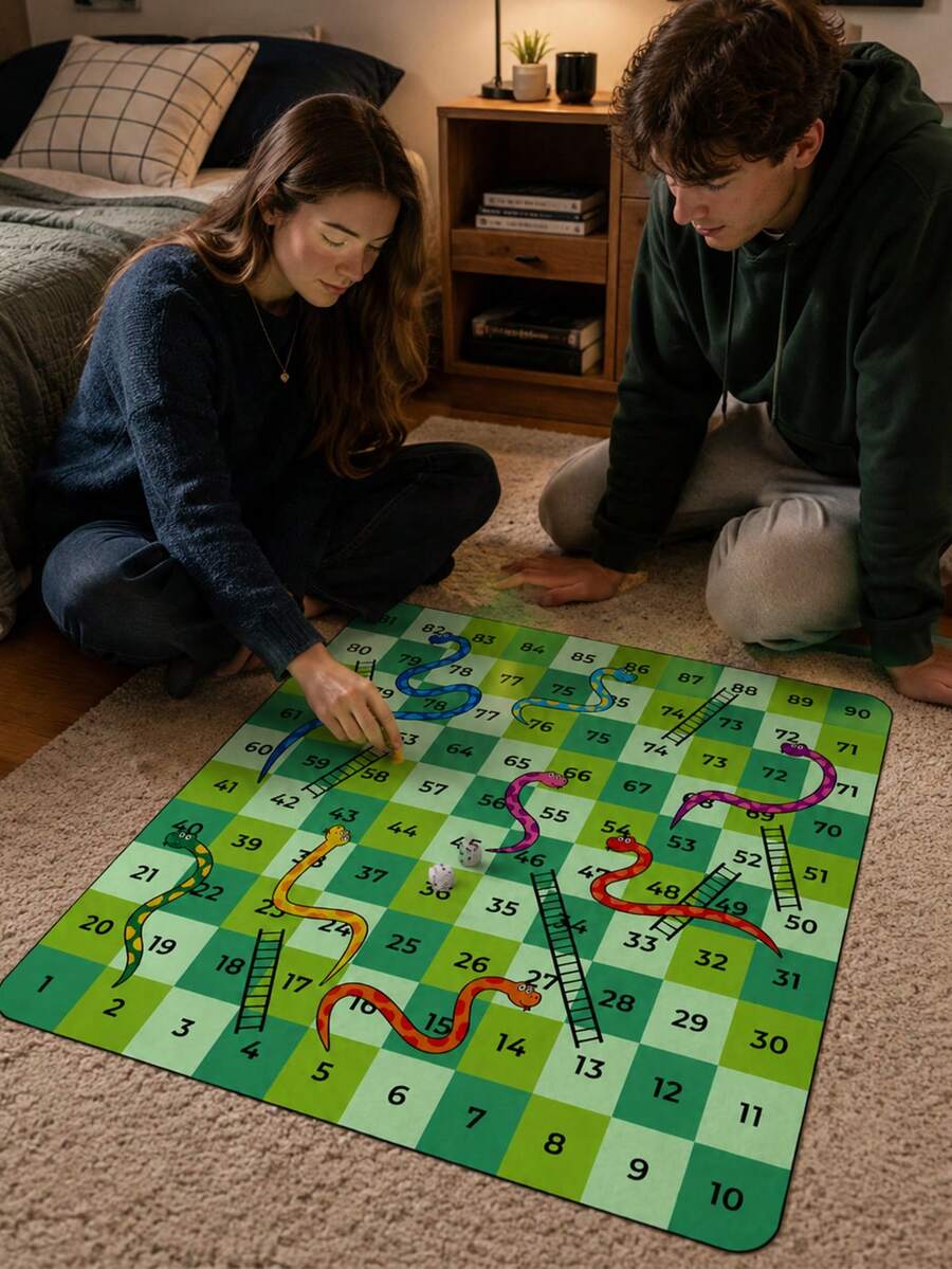 1件綠色格紋蛇梯棋遊戲墊,趣味聚酯纖維長方形地板遊戲布,印有數字方格與彩色蛇梯圖案,適合家庭聚會、遊戲之夜、課堂活動、生日派對、團體遊戲以及男孩女孩骰子遊戲 - 彩色 - 查看 1