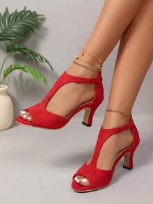 2026 Hot Women's T-Strap High Heel Sandals, Open-Toe Solid Color, Non-Slip Sole For Wedding Party & Daily Matching - 紅色升級版 - 查看 5