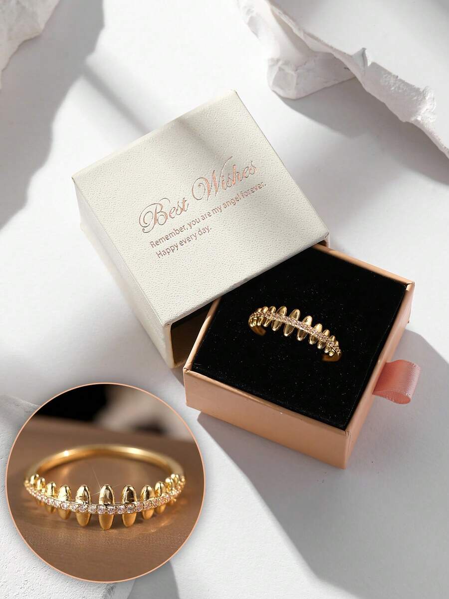 Set Kotak Hadiah Cincin Berbentuk Tulang Ikan Zirkonia Kubik Mengkilap, Berkualitas Tinggi, Tidak Luntur, Hipoalergenik, Cocok untuk Pemakaian Sehari-hari Wanita, Pesta, dan Hadiah Liburan - Emas - View 1