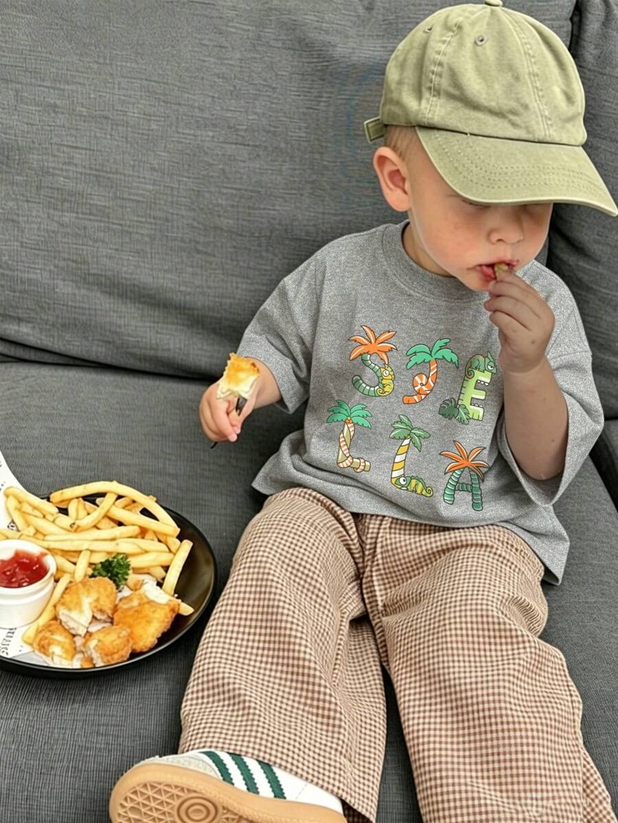 Baby Boy Round Neck Short Sleeve T-Shirt, Loose Fit, Casual Children Outdoor Vacation Daily Basic Style - Light Grey - View 1