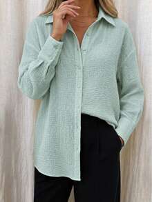 Women's Casual Textured Relaxed Fit Long Sleeve Button-Down Shirt - Mint Green - View 3