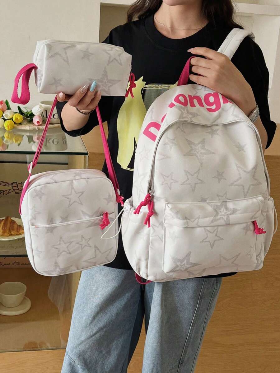 3件組時尚母女款3件式背包套裝(後背包、斜挎包、筆袋)休閒星星印花多口袋學生書包,可收納筆電、教科書、文具、雨傘、水壺等,適合上學、補習、工作、通勤、購物、旅行,開學季完美選擇 - 彩色 - 查看 1