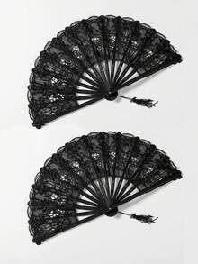 1 pieza Abanico plegable con bordado floral de encaje vintage - Elegante abanico de mano negro y blanco con borlas, estilo tradicional retro, ideal para refrescarse en verano, uso diario y como regalo para mujeres o decoración del hogar - Multicolor - Ver 18