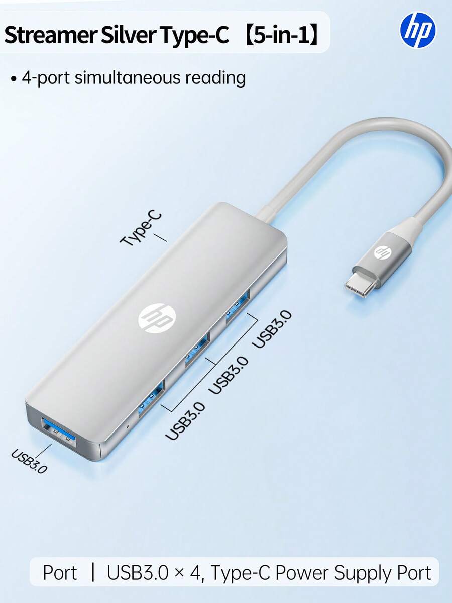 HP 5-in-1 Docking Station, DHC-CT210, Paduan Aluminium, Type-C ke DC + USB 3.0*4, Transfer File Efisiensi Tinggi, Dock Multifungsi Portabel, Pasang dan Mainkan