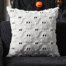 Halloween Spooky Fashion Decorative Pillow Covers 18x18 Inch 2pcs White Ghost Super Soft Faux Fur Cushion Covers - White Black - View 1