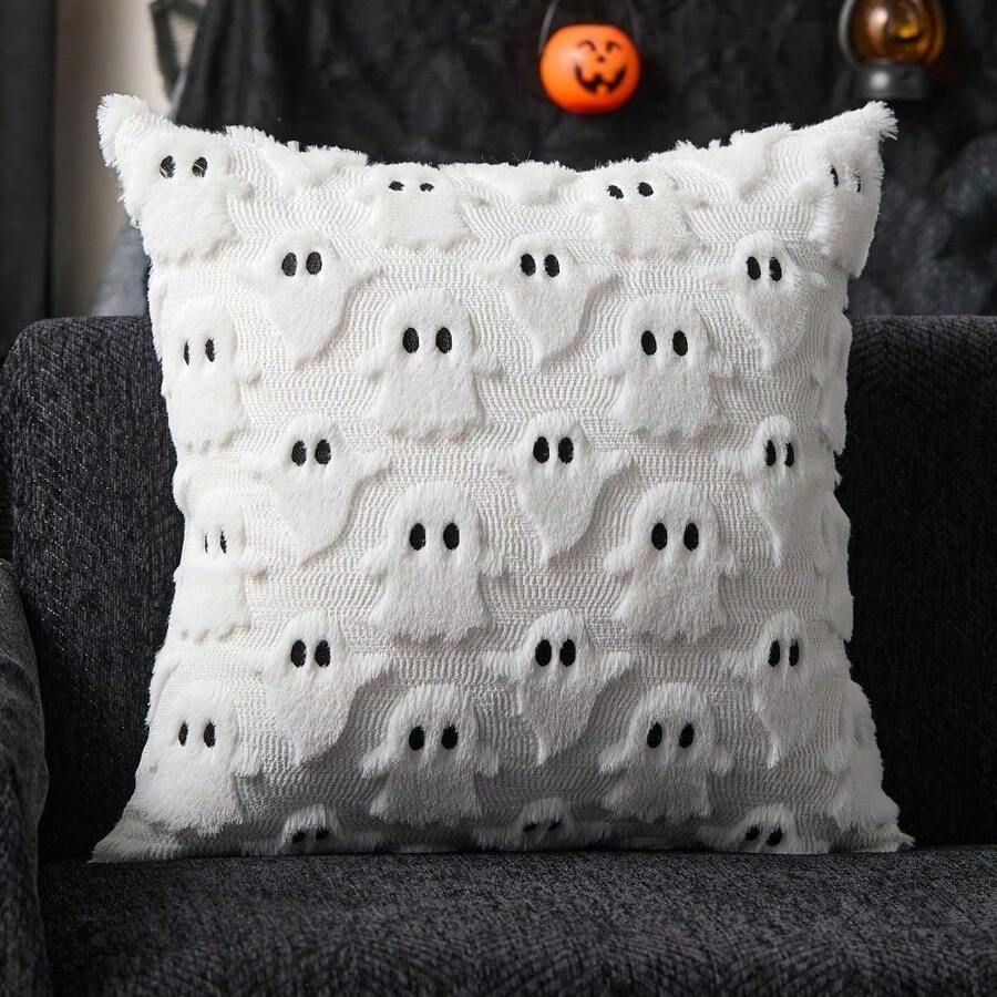 Halloween Spooky Fashion Decorative Pillow Covers 18x18 Inch 2pcs White Ghost Super Soft Faux Fur Cushion Covers - White Black - View 1