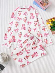 2 pièces Ensemble de pyjama pour femmes avec imprimé intégral de nœud de glace, tissu satin premium, lisse et confortable, top à manches longues boutonné ample et léger et pantalon, style fille douce, ensemble de vêtements de nuit quotidien pour femmes - Rose bonbon - Voir 2