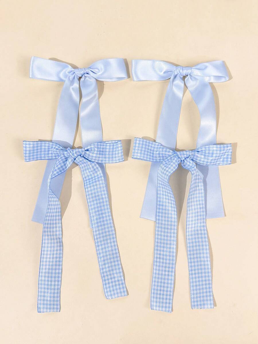 4件組女款純色格紋緞面蝴蝶結髮夾,極簡風格,適合日常配戴與外出,抓夾 - 藍色四件套裝 - 查看 1