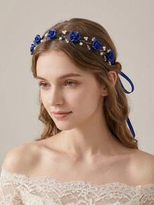 Diadema elegante de mujer con enredadera floral de rosas, perlas y cristales, lazo de cinta, accesorios para el cabello de novia y boda para fiesta, accesorios de dama de honor con cinta - Multicolor - Ver 9