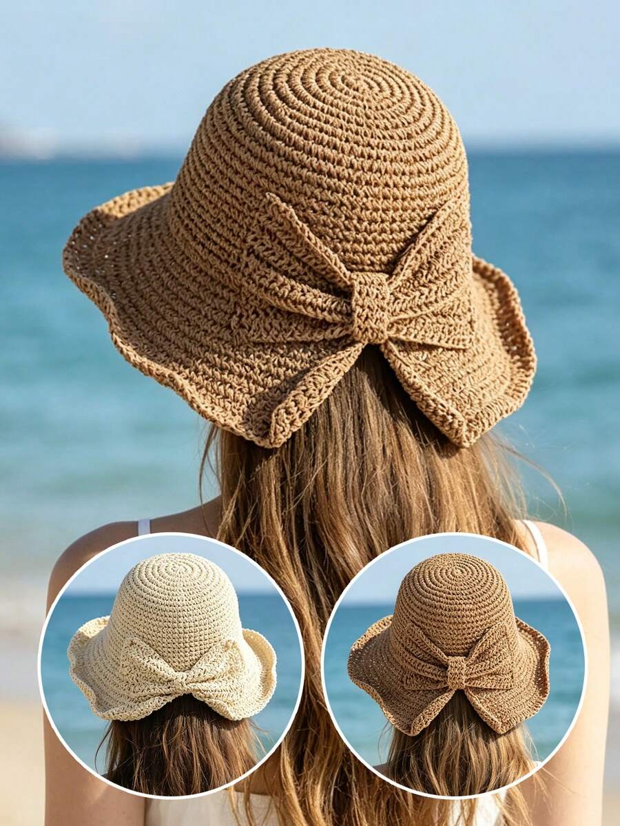 1pc Bow Handmade Crochet Straw Bucket Hat For Women, Summer Wide Brim Sun Protection Beach Hat, Foldable Vacation Sun Hat - Straw Hat With Bow - View 1