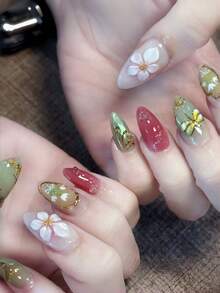 24 piezas de uñas postizas de forma de almendra mediana, uñas postizas con diseño de libélula estilo bosque, flores 3D y degradado dorado, set de uñas postizas desmontables de cobertura completa, adecuadas para fiestas, bailes de graduación y uso diario - Multicolor - Ver 2
