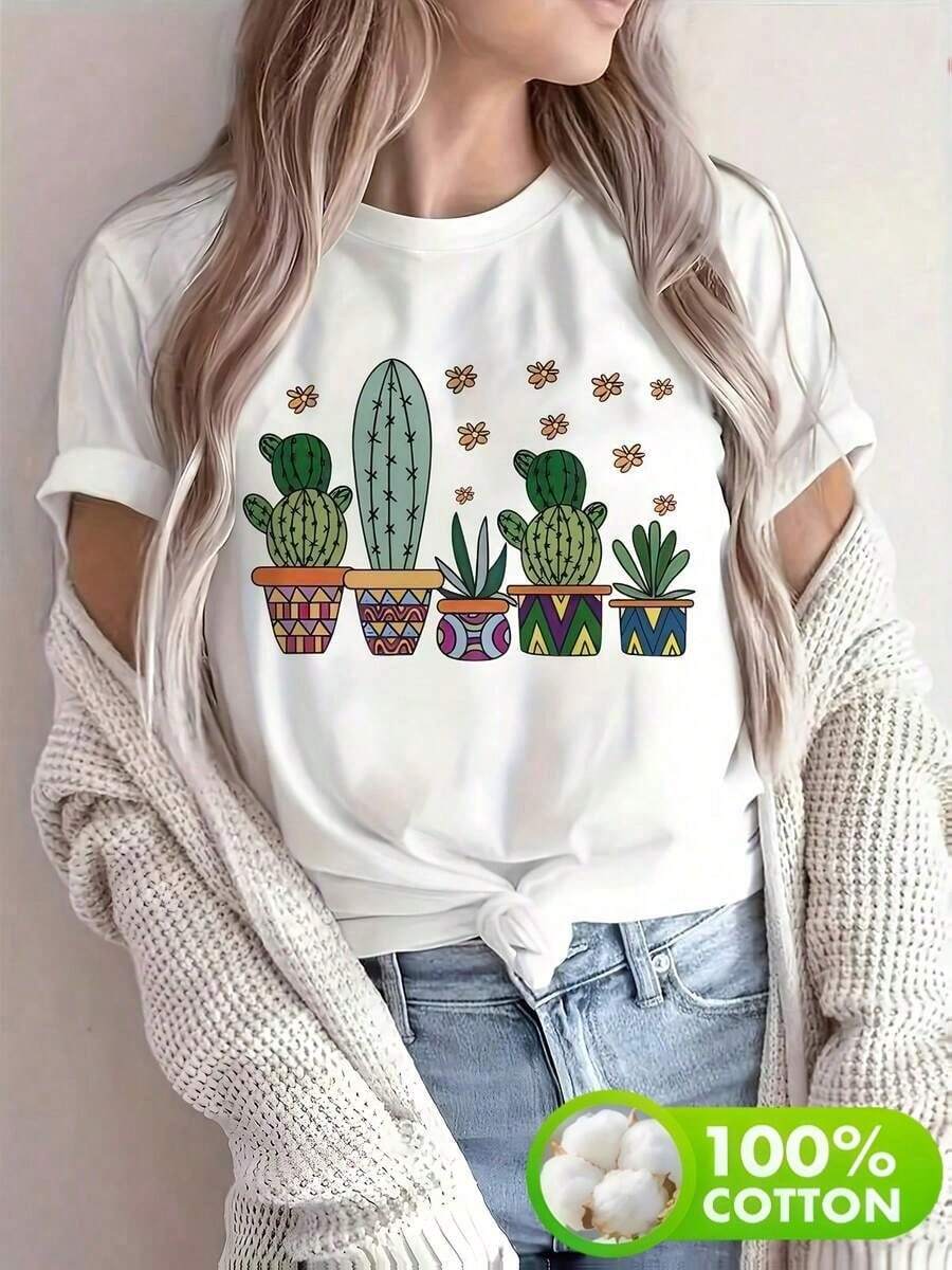 Women's Short Sleeve T-Shirts, Casual Summer T-Shirt With Vibrant Cactus Print: Short Sleeves, Loose Fit, Breathable And Comfortable, Perfect For Outdoors, Cactus Decoration - 白色 - 查看 1