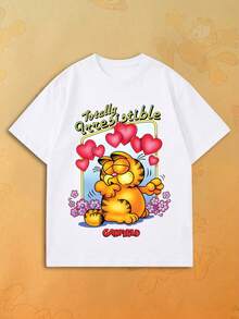 SHEIN | Garfield 女款愛心花卉可愛卡通標語印花圓領T恤，寬鬆休閒街頭風短袖上衣，適合約會、情人節及日常穿著 - 白色 - 查看 1