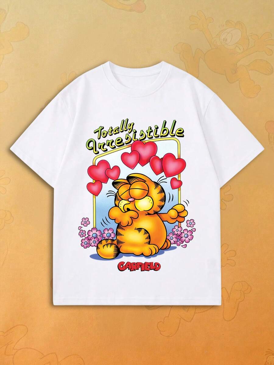 SHEIN | Garfield 女款愛心花卉可愛卡通標語印花圓領T恤,寬鬆休閒街頭風短袖上衣,適合約會、情人節及日常穿著 - 白色 - 查看 1