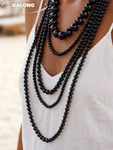 Collar de perlas de varias capas hecho a mano, exquisito y versátil para banquetes - Negro - Ver 3