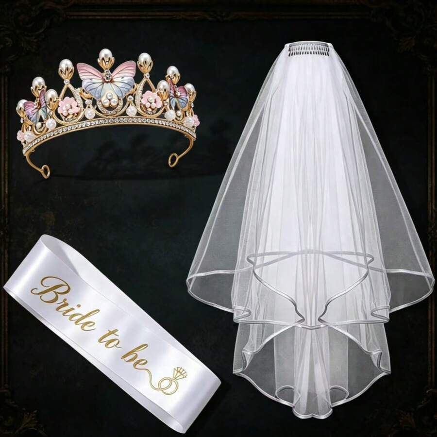新娘派對禮品 3合1套組 白色準新娘肩帶 + 皇冠 + 面紗組合 婚禮單身派對裝飾禮品用品