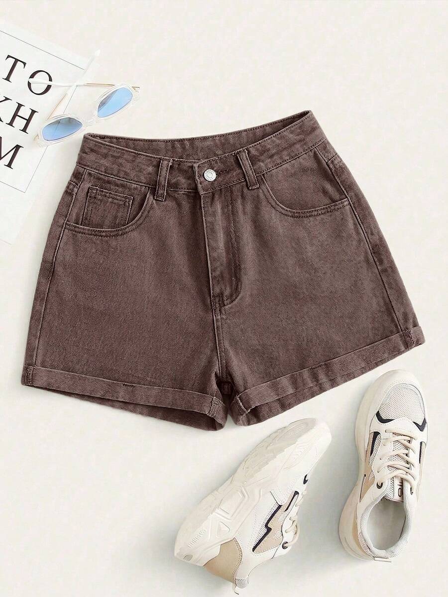 Shorts de mezclilla de cintura alta enrollados de verano - Dorado - Ver 1