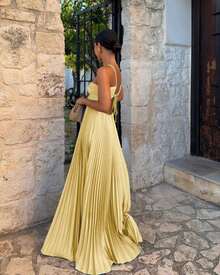 Women's Pleated Halter Neck Maxi Dress, Crisscross Straps Cutout Waist Evening Gown - 黃色 - 查看 2