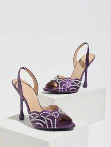 Women's High Heel Sandals With Fan-Shaped Pearl & Rhinestone Decor, Single Strap Back Strap, Stiletto Heel, Round Toe Open Toe Asymmetric Water Drop Heel Slip-On Elegant Summer Shoes, Fashion Party Glamorous Sexy Ball Banquet High Heels, Light Luxury Style Elegant Women's Sandals, Purple High Heels, Women's Sandals - Purple - View 9