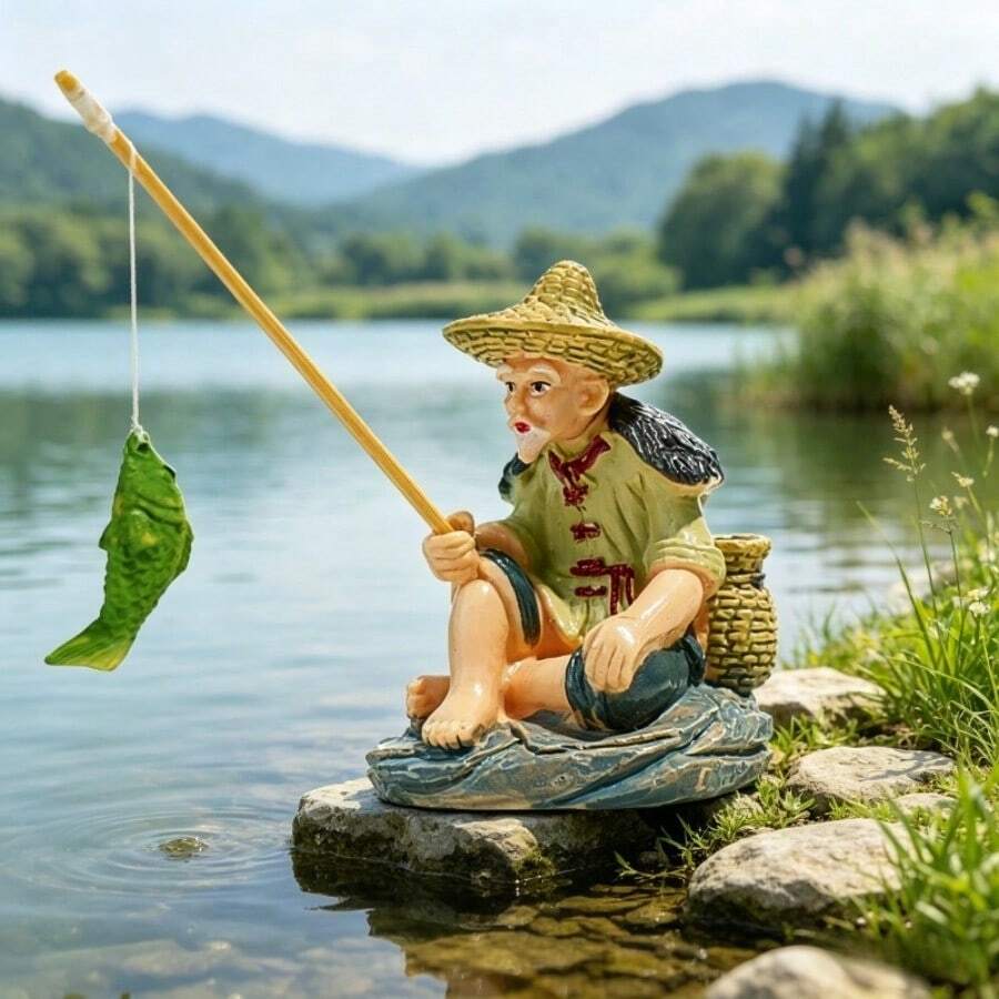 Vintage Fisherman Statue Resin Aquarium Decoration, Hand-Painted Old Fisherman Figurine, Fish Tank Landscape Ornament - A - View 1