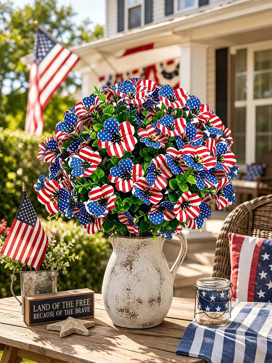 Red White Blue Artificial Eucalyptus & Violet Flowers For July 4th Independence Day Decor, FauxFlowers ,Faux Plants, Home Decor, Wedding Decorations, Wedding Accessories, Bedroom Ornaments, Table Centerpieces, Gifts For Best Friends, Room Decor - Multicolor - View 1