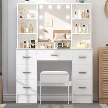 Teousev Dressing Table With Mirror, Vanity Desk, Adjustable 3-Colour LED Lights, Makeup Desk With Stool, 8 Drawers, Open Storage Spaces, 40 X100x140Cm, Modern, White - White - View 1