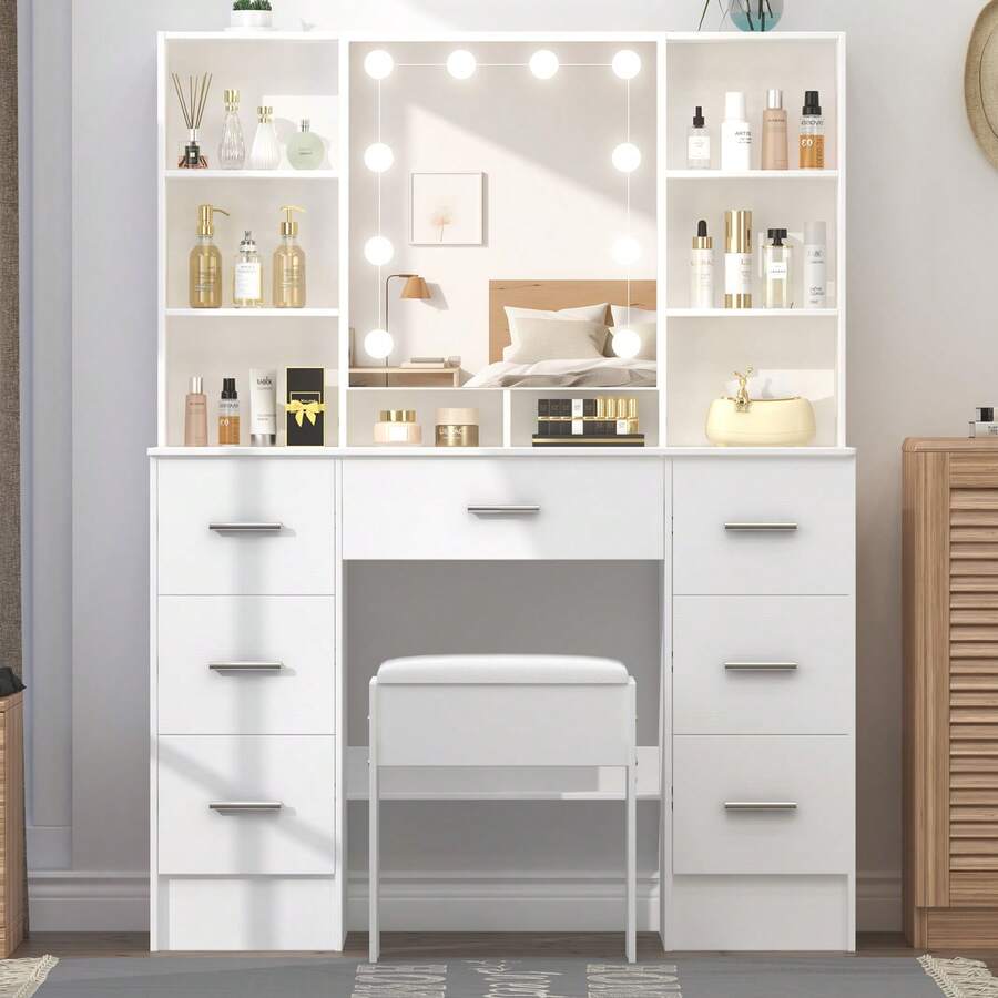 Teousev Dressing Table With Mirror, Vanity Desk, Adjustable 3-Colour LED Lights, Makeup Desk With Stool, 8 Drawers, Open Storage Spaces, 40 X100x140Cm, Modern, White - White - View 1
