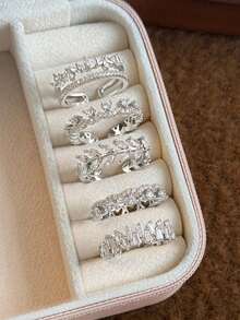 Juego de 5 anillos abiertos de cobre con hojas de circonita cúbica dulce, adecuado para vacaciones y bodas de mujeres (caja de regalo no incluida) - Plateado - Ver 12