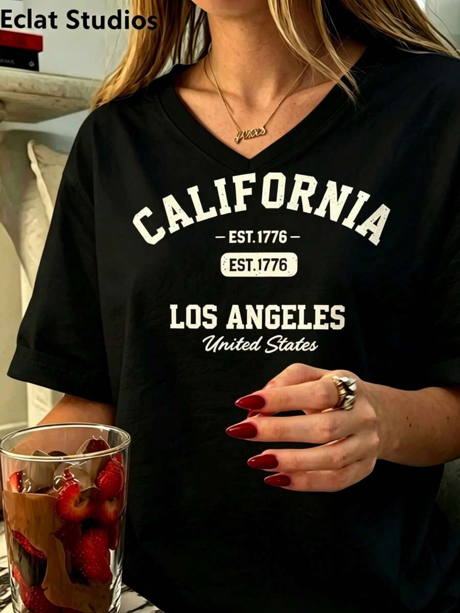 Women's Vintage California Los Angeles Graphic T-Shirt - Casual Round Neck, Short Sleeve, Cotton, Machine Washable, EST 1776 Print2025 - 黑色3 - 查看 1