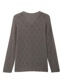 Plus Size Women's Autumn Solid Color Hollow Out Thin Comfortable Round Button Neck Elegant Loose Knit Cardigan Outerwear For Vacation - Coffee Brown - View 7