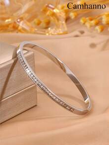 1/5Pcs Gold Plated Stainless Steel Cuff Bangles For Women, Classic Rhinestone Inlaid Stackable Bracelets, Non Tarnish Waterproof Jewelry - Silver - View 10