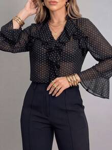 ANCHOSE Women's Summer Black With White Polka Dot V-Neck Ruffle Flared Sleeve Blouse (Inner Layer Not Included) Sheer Chiffon Lightweight Fabric Elegant French Style Suitable For Date Daily Outings - Black - View 3