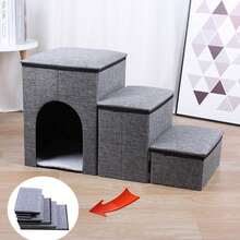 3-Step Pet Stairs With Storage & Cozy Condo, Foldable Dog Steps For High Bed/Couch, Non-Slip, 165 Lbs Capacity, Easy Assembly - 灰色 - 查看 7