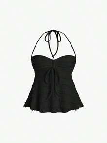 Solid Color Halter Tops With Drawstring At The Bust, Y2K Style For Women - Black - View 2