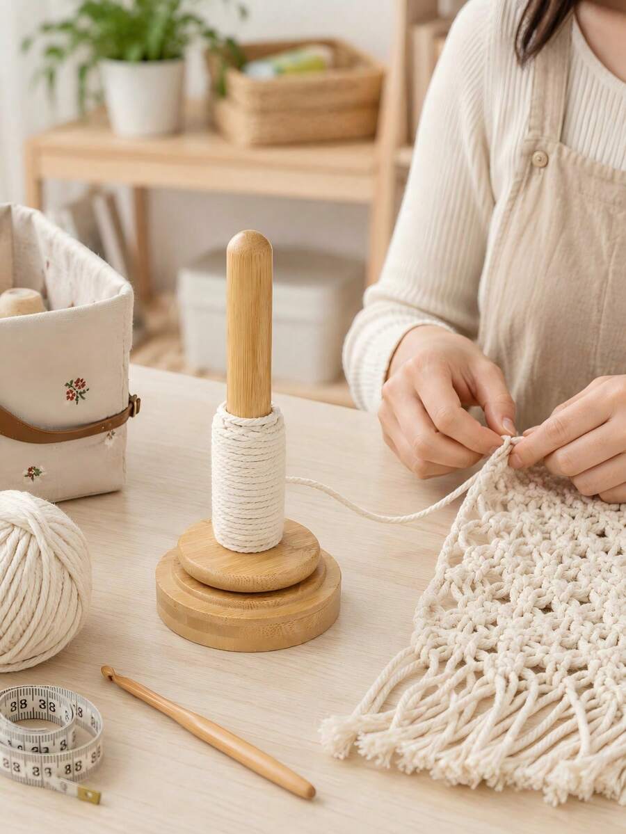 1pc Anti-Tangle Bamboo Yarn Holder, Natural Wooden Round Base Design, 360° Rotating Main Axis, Smooth Yarn Dispensing, Stable Anti-Tangle Yarn Rack, Knitting Accessories Crochet Supplies Yarn Storage Rack, Suitable For DIY Craft Room, All Season Use - Winder - View 1