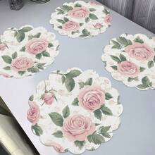 Floral Scalloped Round Placemats, Decorative Table Mats, Size 36*36cm. Polyester Woven, Heat-Resistant, Waterproof, Stain-Proof, Washable & Durable For Table Decor. - Multicolor - View 3