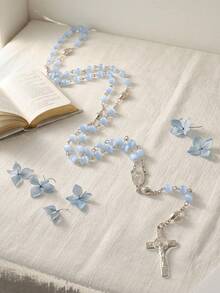 1pc Fashion Women's Y-Shaped Rosary Necklace, Blue Cat Eye Bead Vintage Virgin Mary Cross Pendant Y-Shaped Necklace, Catholic Religious Prayer Beads, Y2K Elegant Daily Decorative Jewelry, Valentine's Day, Mother's Day, Baptism Gift - Baby Blue - View 12