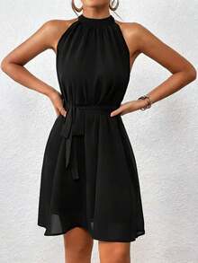 Sleeveless Solid-Color Halter Dress, Fashionable For Summer - Black - View 3