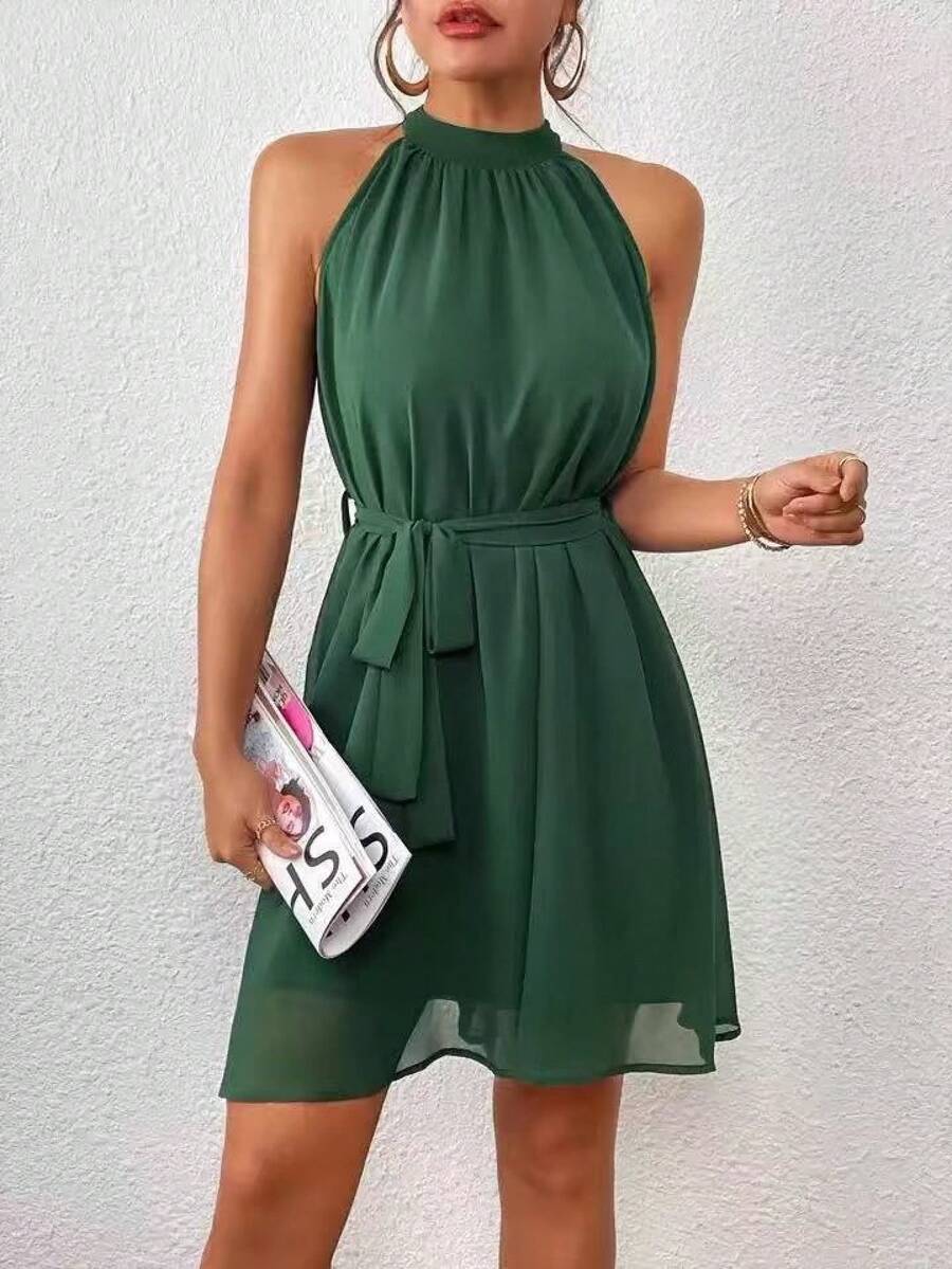 Sleeveless Solid-Color Halter Dress, Fashionable For Summer - 綠色 - 查看 1