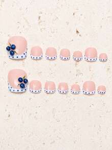 14pcs Handmade Press-On Toenail Set, Summer Y2K French Tip Toenails, Blue 3D Fruit Acrylic Press-On Nails, Pink Polka Dot Toenails, Beach Vacation Holiday Press-On Nail Set - Multicolor - View 4
